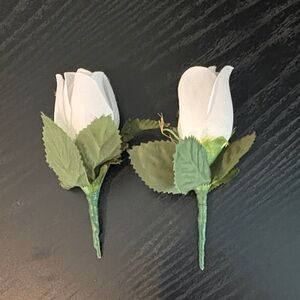 White Rosebud Boutonnières with Green Leaves - Set of 2